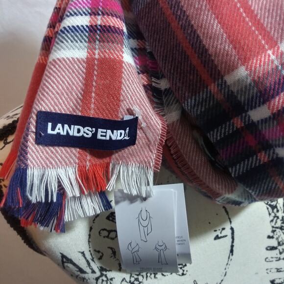 Lands' End Women's Coral Pink Plaid Scarf Soft Fringe - Picture 3 of 8